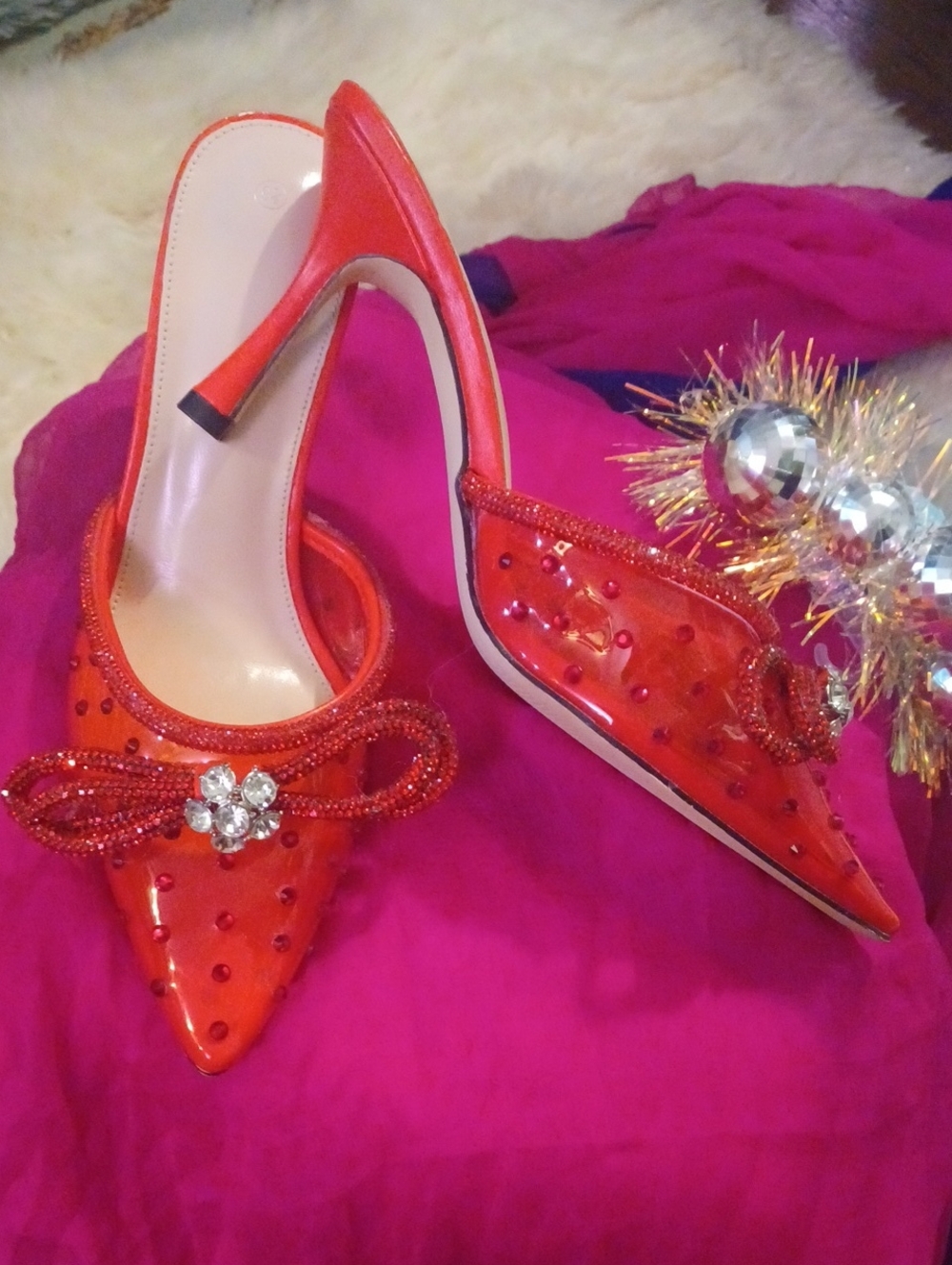 Red Jelly Pointy Toe Stiletto Kitten Heel Mules with Crystal Bow 9.5